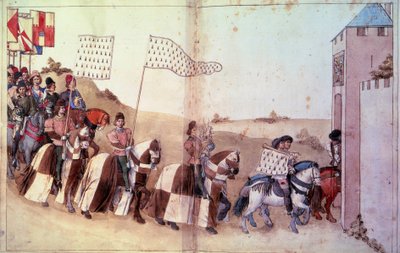 Ingang van de stoet, die de helm en de banier van de hertog van Bretagne draagt, in het klooster door Unknown artist