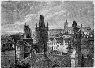 Ingang van de Karelsbrug in Praag - Gravure in 