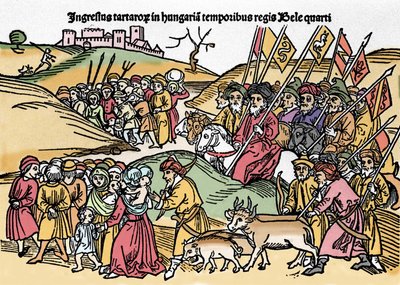 De intocht van de Tartaren in Hongarije onder het bewind van Bela IV van Hongarije. Gravure uit 