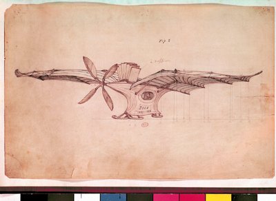 Eole Vliegmachine. Weergave van het vliegtuig van Clement Ader. Anonieme tekening rond 1882-1889. Parijs, Museum van de Lucht door Unknown artist