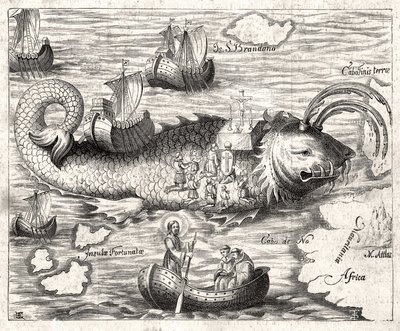 Episode van de Legende van Sint Brandan: een fantastische reis van de Ierse abt uit de 6e eeuw op zoek naar het aardse paradijs. Prent uit 1621. door Unknown artist