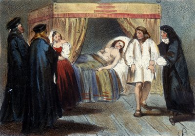 Episode van de mannelijkheidstest van Vincent I Gonzague, hertog van Mantua, voor zijn huwelijk met Eléonore, dochter van François de Medici, in 1584. Lithografie uit de 19e eeuw door Unknown artist