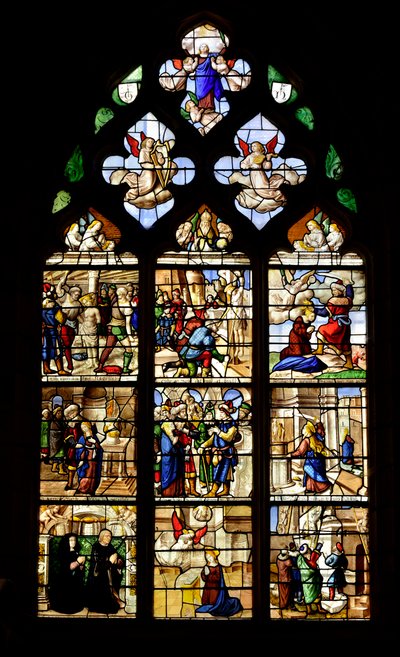 Episodes uit het leven van Sint Barbara, christelijk martelaarschap in de 3e eeuw, glas-in-loodraam met het leven van Sint Barbara door Unknown artist
