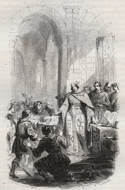 Ermesinde, gravin van Luxemburg - Handvest van portvrijdom verleend door Ermesinde I van Luxemburg aan de inwoners van Luxemburg in 1243 - Gravure uit 1868 in 