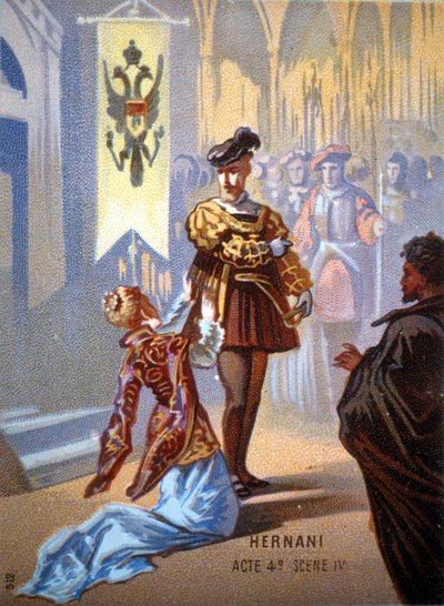 Ernani van Giuseppe Verdi, Act IV, Scene IV. chromolithografie 19e eeuw door Unknown artist