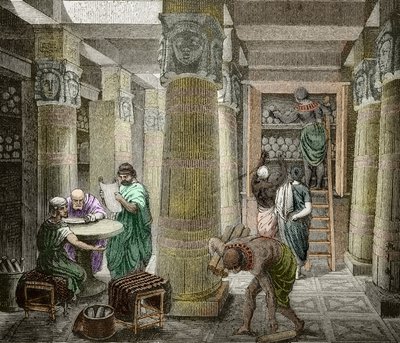 Geleerden in de bibliotheek van Alexandrië, vernietigd in 642, Egypte) (Uitzicht op de bibliotheek van Alexandrië, Egypte) 19e eeuw (gravure) door Unknown artist
