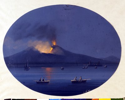 Nachtelijke uitbarsting van de Etna gezien vanaf zee voor de kust van Catania. Anonieme schilderij uit de 19e eeuw. door Unknown artist