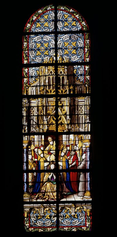 Eugene III, voormalig monnik van Clairvaux, beklimt de pauselijke troon op 15 februari 1145. Glas-in-lood in de Kathedraal van Doornik: Transept links (2) door Unknown artist