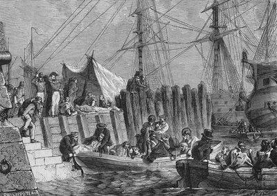 Evacuatie van Flesringe door de Engelsen in 1802: inscheping van de zieken - in 