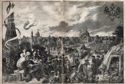 Evocatie van vriendschap tussen Frankrijk en Rusland en de Russische tentoonstelling die in 1892 zal plaatsvinden op de Champ de Mars in Parijs - Gravure in 