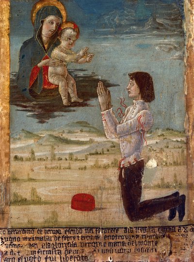 Ex-voto met Madonna en Kind met knielende man die bidt, Abdij van St Maria del Monte, Cesena, Emilia-Romagna, Italië door Unknown artist