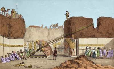 Opgravingen van Nineveh (Nineveh) - De ruïnes van Nimrud (Nimroud) door Henri Layard (na zijn reis naar Mesopotamië in de 19e eeuw); vervanging van de grote stierenvleugel - Het transport van een gevleugelde stier uit Nimrud, tijdens de opgravingen van Sir door Unknown artist