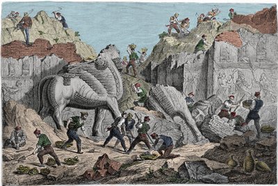 Opgravingen ondernomen door Paul-Emile (Paul Emile) Botta, consul van Frankrijk in Nineveh op de site van Khorsabad (Khunsabad), voormalige Assyrische hoofdstad ten noorden van Mosul. Irak. Gravure uit de 19e eeuw. door Unknown artist