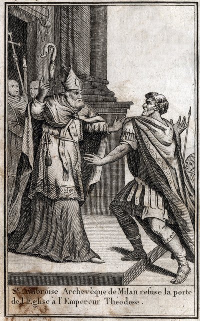 Excommunicatie: de boog van St. Ambrosius van Milaan weigert de kerkdeur aan de Romeinse keizer Theodosius I om hem te straffen voor het bloedbad van Thessaloniki in 390. Gravure in 