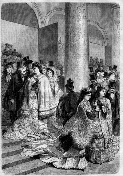 Einde van een voorstelling aan de boulevard des Italiens in Parijs. Gravure in "L
