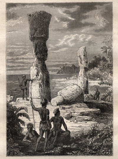 Expeditie rond de wereld (1785-1788) door Jean François Galaup de La Pérouse (1741-1788): inboorlingen van Paaseiland kijken naar monumentale beelden (Moai) - illustratie uit 