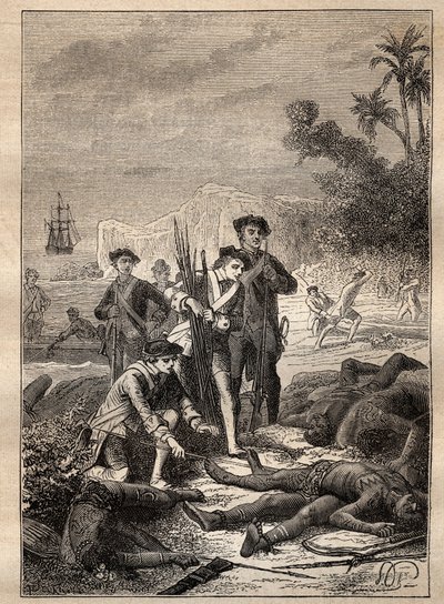 Expeditie door Jean Francois de Survillle (1717-1770) in de Zuidzee (1769-1770): de zeelieden van Surville verzamelen de wapens van de inheemse mensen die stierven tijdens de strijd (Nieuw-Ierland, Papoea-Nieuw-Guinea) - illustratie uit 