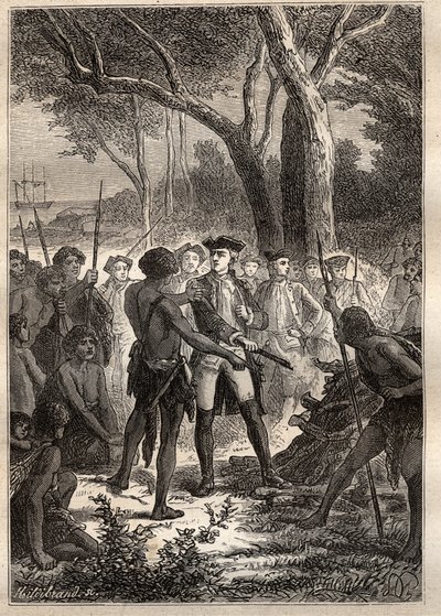 Expeditie door Nicolas Thomas Marion-Dufresne (1729-1772): Marion landde in Frederick Henry Bay (Tasmanië) en kreeg een brandende fakkel aangeboden door de inheemse bevolking - illustratie uit 