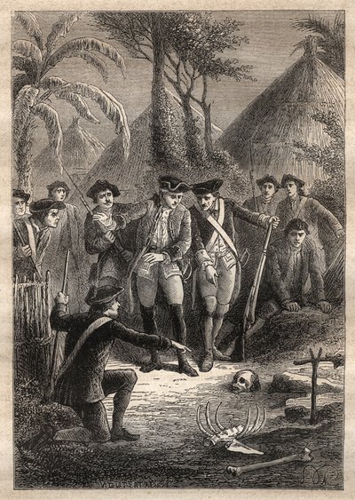 Expeditie door Nicolas Thomas Marion-Dufresne (Marion Dufresne) (1729-1772): op zoek naar Marion en hun vermiste kameraden ontdekken zeelieden een schedel en menselijke resten in het dorp Tacouri (Matuaro-eiland, Nieuw-Zeeland) - illustratie uit 