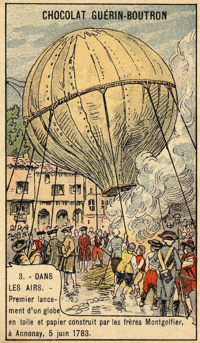 Ervaring van 5 juni 1783 door de gebroeders Montgolfier in Annonay. Chromo uit het einde van de 19e eeuw. door Unknown artist