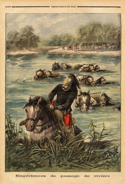 Ervaring van rivieroversteek door het 7e regiment draken in Fontainebleau. Gravure in Le petit journal 6/09/1896. Selva