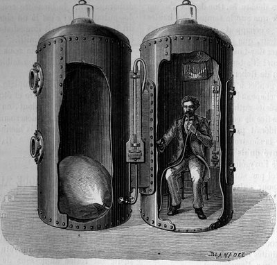Ervaring met barometrische druk door de fysioloog Paul Bert (1833-1886): ademhaling van zuurstofrijke lucht, verwijdt door afnemende druk. Gravure in 