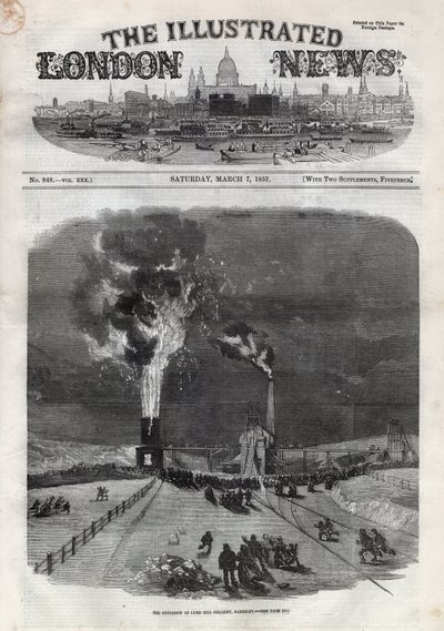 Explosie in de Lund Hill kolenmijn in Barnsley, Engeland. Gravure in 