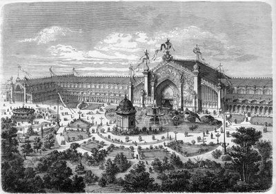 Exposition Universelle de Lyon: de galerijen gezien vanuit het park. Gravure in "L