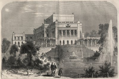 Buitenzicht van het nieuwe theater in Leipzig, Duitsland. Gravure in 