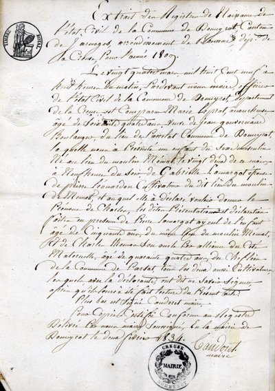 Uittreksel uit het geboorteregister van de burgerlijke stand van de gemeente Dommyrot, gewaarmerkte kopie van 2 februari door Unknown artist