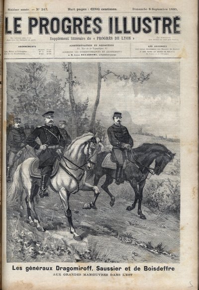 Frans-Russische betrekkingen - Franse generaal Saussier en Russische generaal Dragomirov Mikhail Ivanovich Dragomirov en Raoul François Charles Le Mouton de Boisdeffre tijdens de legeroefeningen in de Vogezen door Unknown artist