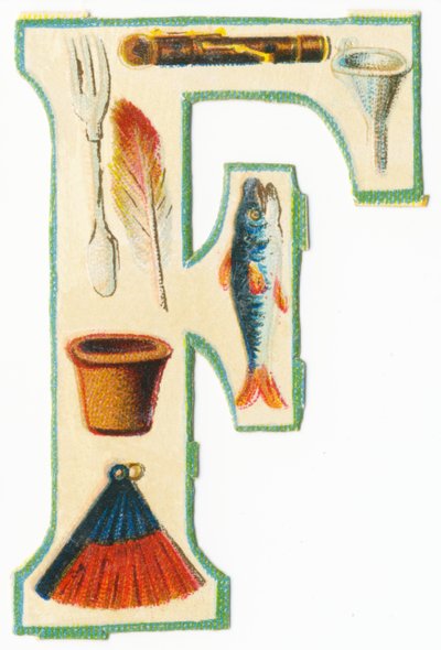 F: vork, fluit, trechter, bloempot, veer, vis, waaier door Unknown artist