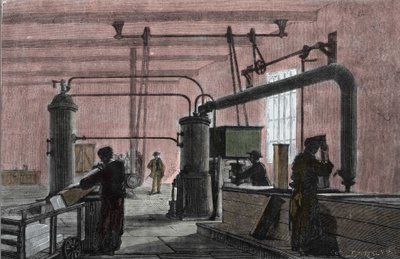 Fabriek voor de productie van ijs met het systeem van Ferdinand Carre (1824-1894). Gravure uit de 19e eeuw. door Unknown artist