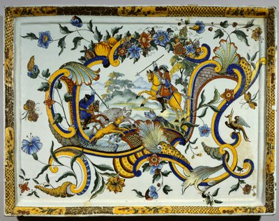 Faience schaal met een wilde zwijnen jachtscène door Unknown artist