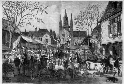 Kermis in Bretagne op het plein van een dorp. Gravure in "Le Monde Illustré" door Unknown artist