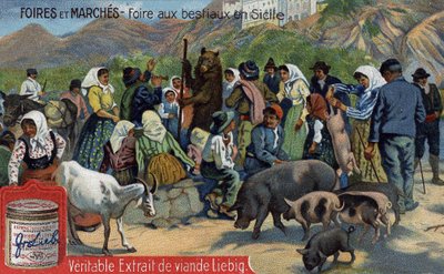 Beurzen en markten: veehandel in Sicilië. Chromolithografie, Liebig afbeelding. door Unknown artist