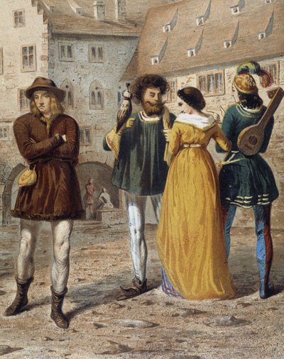 Valkenier, dame en troubadour: straattafereel in Straatsburg in de middeleeuwen door Unknown artist