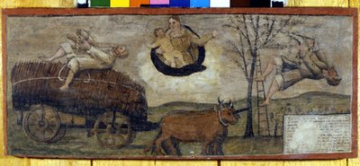 Val van een boom op een met hooi gevulde kar door Unknown artist