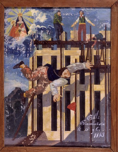 Vallende timmerman van een steiger - ex-voto van Notre Dame de Laghet door Unknown artist