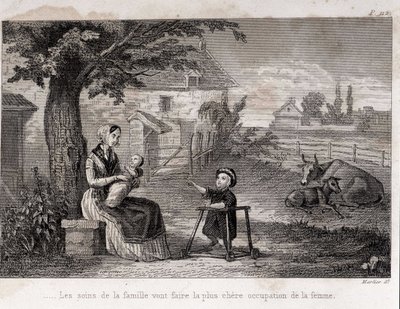 Familiezorg zal de duurste bezigheid van de vrouw maken Moeder van Familie op het platteland - gravure door Unknown artist