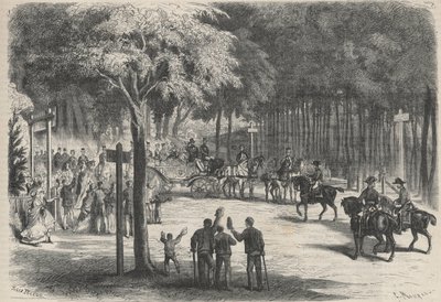 Familieverblijf in Fontainebleau: excursie van hun majesteiten naar de ruïnes van Franchart. Een bruiloft begroet de passage van Keizer Napoleon III (1808-1873) en zijn familie. Gravure in 