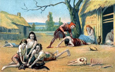 Hongersnood in de Middeleeuwen. 19e-eeuwse chromolithografie door Unknown artist