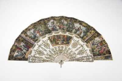 Waaier, ca. 1860, Gedrukt en geschilderd papier, parelmoer, goud, zilver en koper, en spiegel, Maker onbekend door Unknown artist