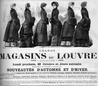Damesmode 19e eeuw: advertentie voor de warenhuizen van het Louvre door Unknown artist
