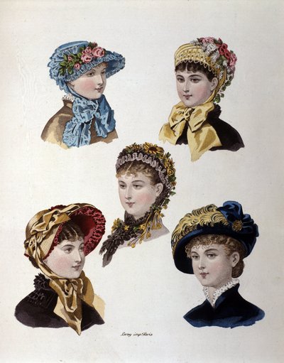 Mode van het einde van de 19e eeuw: verschillende modellen dameshoeden door Unknown artist