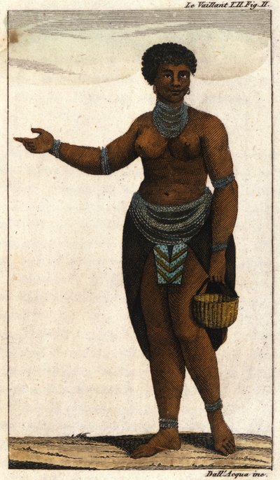 Vrouwelijk lid van de Zuid-Afrikaanse stam van Hottentotten, gravure van 1820. door Unknown artist