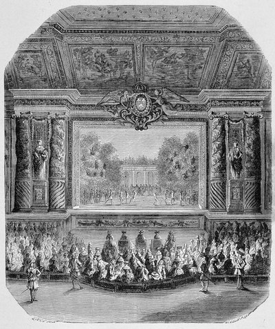 Feest van Lodewijk XIV, door de hertog van Saint Aignan (Komedie in muziek, gespeeld in het park van Versailles) Gravure door Unknown artist