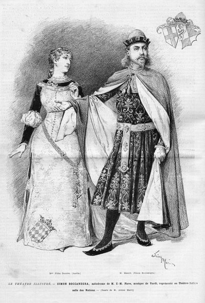 Fides Devries in de rol van Amelia en Victor Maurel (1848-1923) in die van Simon Boccanegra in de gelijknamige opera in drie akten door Giuseppe Verdi, een libretto door Francesco Maria Piave naar een stuk van Antonio Garcia Gutierrez, een vertegenwoordige door Unknown artist