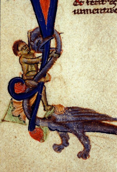 Gevecht tussen een draak en een man (detail van een 14e-eeuwse miniatuur) door Unknown artist