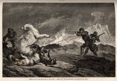 Gevecht met een ijsbeer die haar jong beschermt, de roedel honden valt haar aan en de jagers, gewapend met geweren, wachten op het juiste moment om haar neer te schieten. Gravure ter illustratie van de reis naar de vrije zee van de Noordpool, door dokter H door Unknown artist